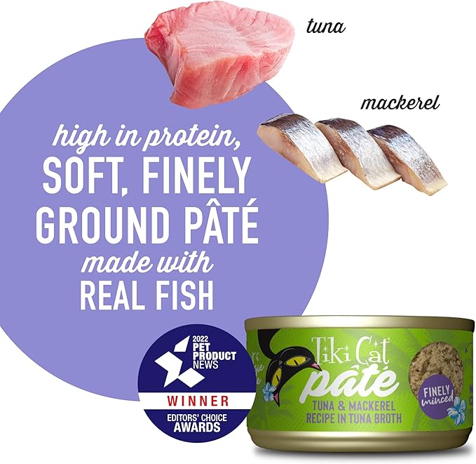 Tiki Cat Luau Pâté, Ahi Tuna & Mackerel Recipe in Tuna Consumme, Grain-Free Balanced Nutrition Wet Canned Cat Food, for All Life Stages, 2.8 oz. Cans (Pack of 12)
