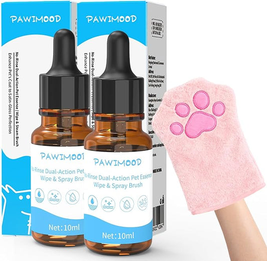 2PCS Concentrated Waterless Shampoo Essence with Pink Grooming Glove, No-Rinse & Lick-Safe Essence for Steam Brushes, Gentle Care for Cats/Kittens/Seniors, Manage Shedding & Freshness,0.34oz*2