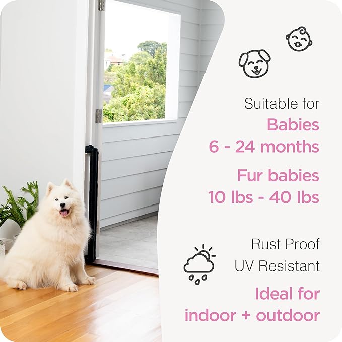 Retractable Baby Gate Perma Child Safety 33" Tall x 55” Wide, Mesh, for Stairs, Doorways, Dogs, Pets, Indoor, Outdoor, One-Handed Operation, Locking, Easy Install, Hardware Mount, Black