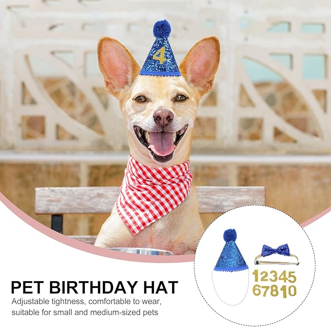 IMIKEYA Pet Birthday Party Hat and Bow Tie Set for Small Dogs, Blue Fuzzy Edge Hat with Number and Royal Blue Bow Tie, Dog Birthday Supplies for Puppy Celebration