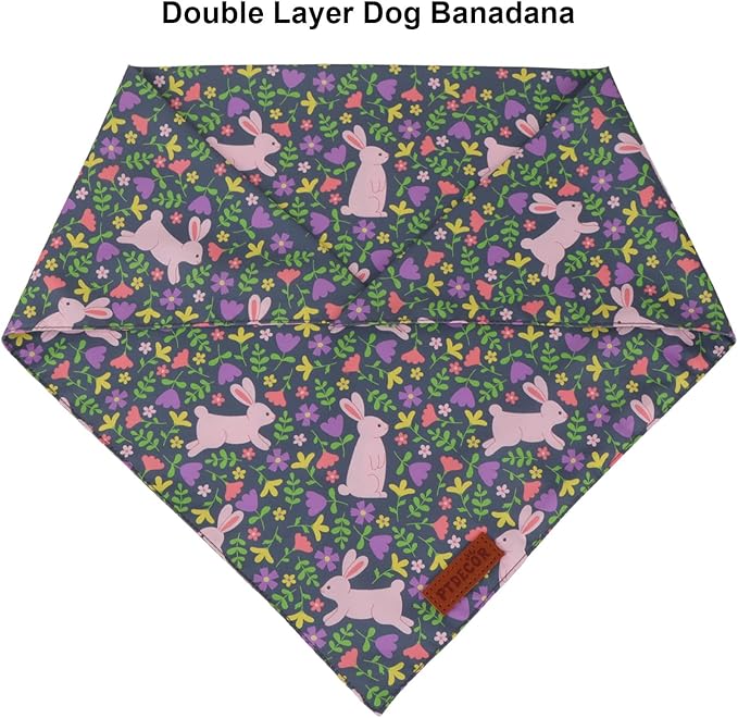 PTDECOR Easter Dog Bandana, Rabbit Floral Dog Scarf, Premium Durable Fabric, Black Easter Bandanas for Small Dogs Pets (Small)