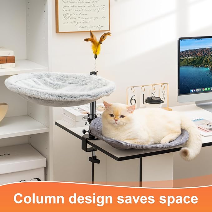 Uross Cat Desk Bed- Double Layers Adjustable Height& 360 Rotation Cat Desk Perch Mount for Office and Game Tables, Attachment Desktop Bed with 2 Washable Covers, Soft Rabbit Fur& Breathable Mesh -Grey