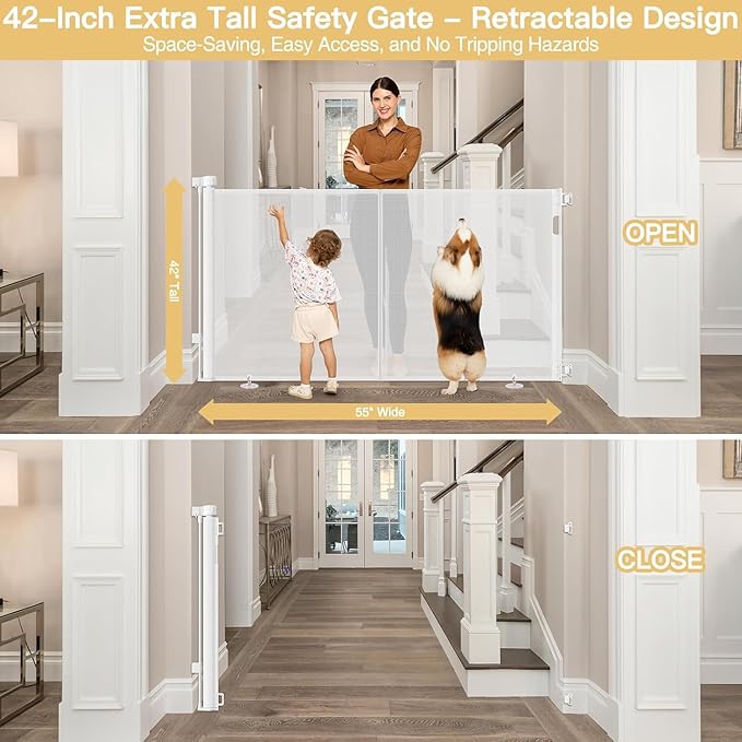 Reinforced 42" Extra Tall Retractable Baby Gates Tall Dog Gate with Support Rods, 55" Wide Mesh Gate Retractable Pet Gate Indoor/Outdoor Baby Gates for Dogs - Bottom Anti-Escape, White