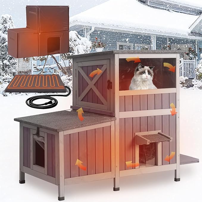 Heated Cat House Outdoor Insulated Cat Cage with Heating Pad for Winter, Feral Kitty Shelter Waterproof Roof,23" D x 44" W x 34.5" H