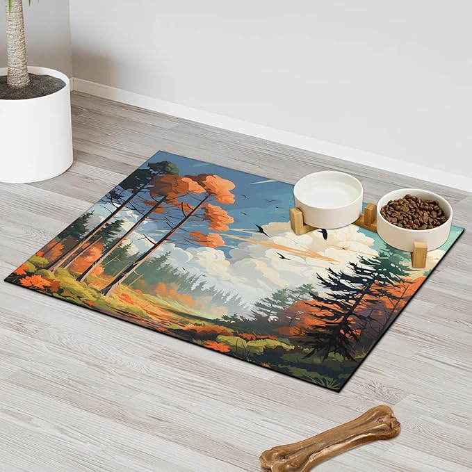 Autumn Forest Dog Food Mat for Floors Absorbent, Quick Dry Water Dispenser Mat for Food, Water, Pet Supplies 12" x 20", Thanksgiving Harvest