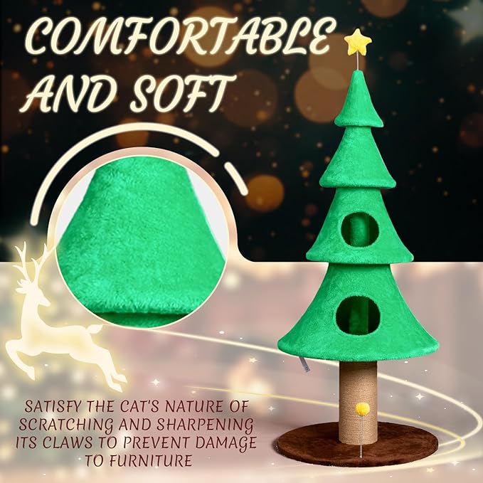 Outvita 59in Large Tall Christmas Tree Cat Tower with 2 Cat Condos & Scratching Post, Soft Fleece Cat Tree with Teaser Toy & Sturdy Base & Built-in Openings for Indoor Cats, Green