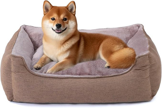 Makigued Rectangle Dog Bed for Large Size Dog with Removable Washable Cover Pet Bed with Bolster Sides Non-Slip Bottom Pet Sofa Waterproof Lining Durable Pet Cuddler, Light Brown, 35x 26x 7.5 in