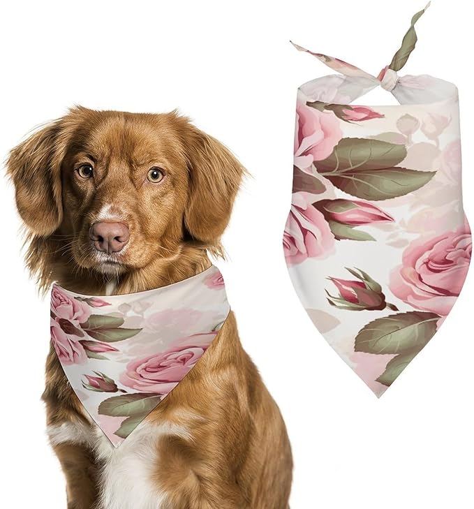 Dog Bandana Spring Pet Scarf Adjustable Triangle Pink Rose Floral Printing Dog Bib Washable Polyester Puppy Bandana for Small Medium Large Dogs Cat Birthday Party Supplies