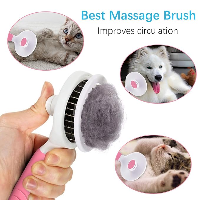 Self Cleaning Slicker Brush - Cat Brush Skin-Friendly Deshedding Grooming Massaging Tool for Long & Short Haired Pets, Cat Hair Brushes Easy Removes Undercoat for Dogs Cats Rabbits (Pink)