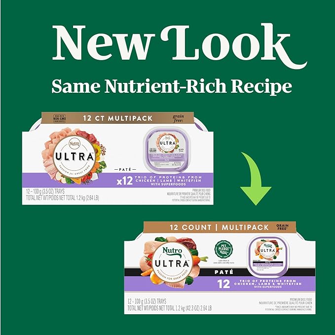 Nutro Ultra Dog Food, Wet Dog Food, Pate Trio of Proteins: Chicken, Lamb, Whitefish, 3.5 oz. Trays (12 Count, Pack of 1)