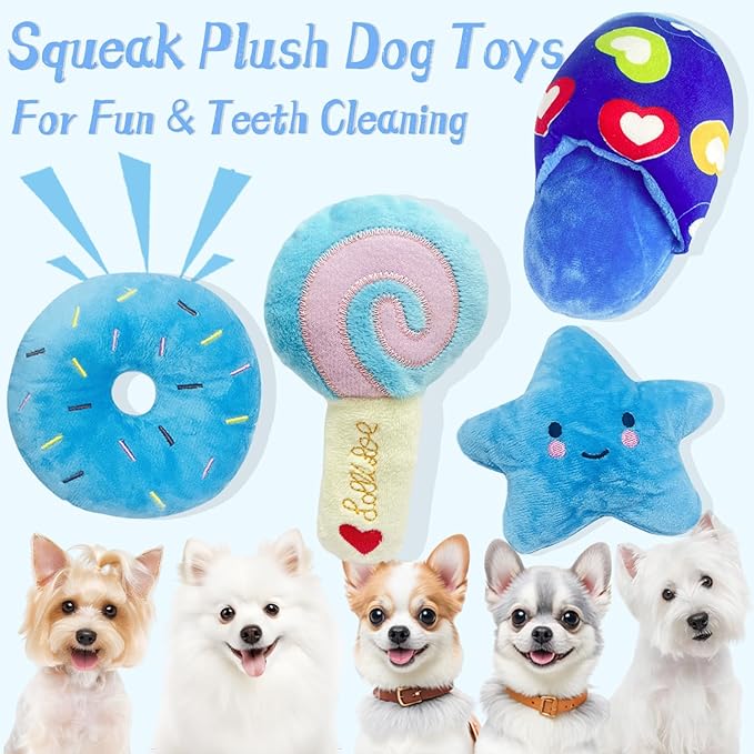 Dog Toys for Small Dogs, 4 Packs Cute Chew Toys for Puppy, Durable Soft Plush Small Dog Toys, Blue Stars Designs, Puppy Teething Toys