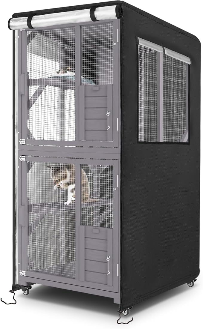 Catio Cover,31.5"L x 35.5"W x 64.5"H Cover for Catio Outdoor Cat Enclosure Waterproof, 420D Cat Cage Covers for VEVOR 3-Tier Catios, Outdoor Cats Enclosure Covers(Black)(Catios Not Included)