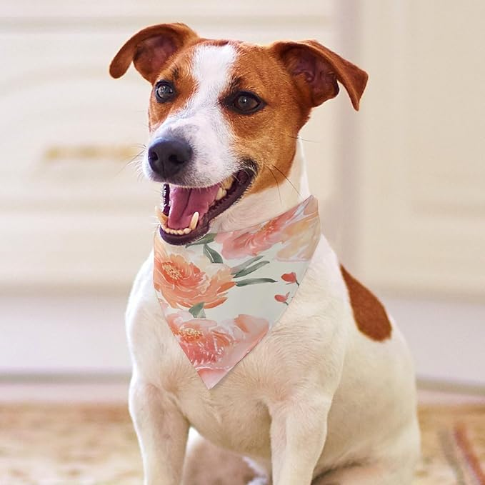 Dog Bandana Spring Pet Scarf Adjustable Triangle Peach Peony Printing Dog Bib Washable Polyester Puppy Bandana for Small Medium Large Dogs Cat Birthday Party Supplies