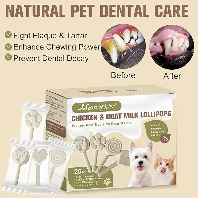 Memorjew 25PCS Chicken & Goat Milk Freeze- Dried Lollipops｜Individually Wrapped, Portable Dental Food for Dogs & Cats (Chicken)