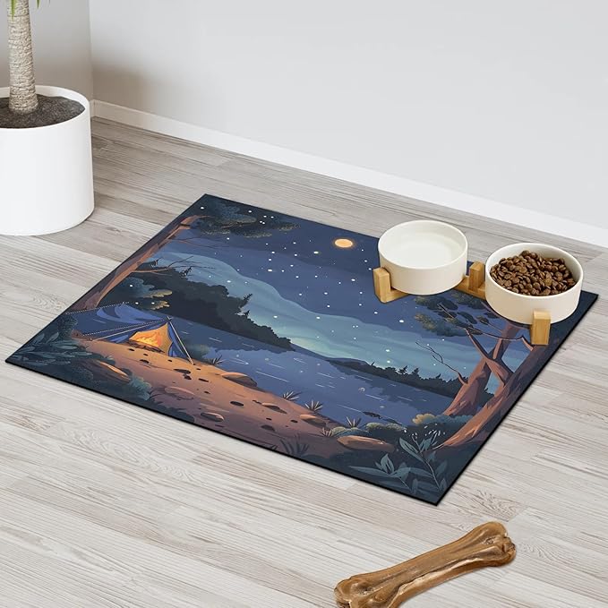 Mountain Forest Dog Food Mat for Floors Absorbent, Quick Dry Water Dispenser Mat for Food, Water, Pet Supplies 16" x 24", Moon Star Clouds