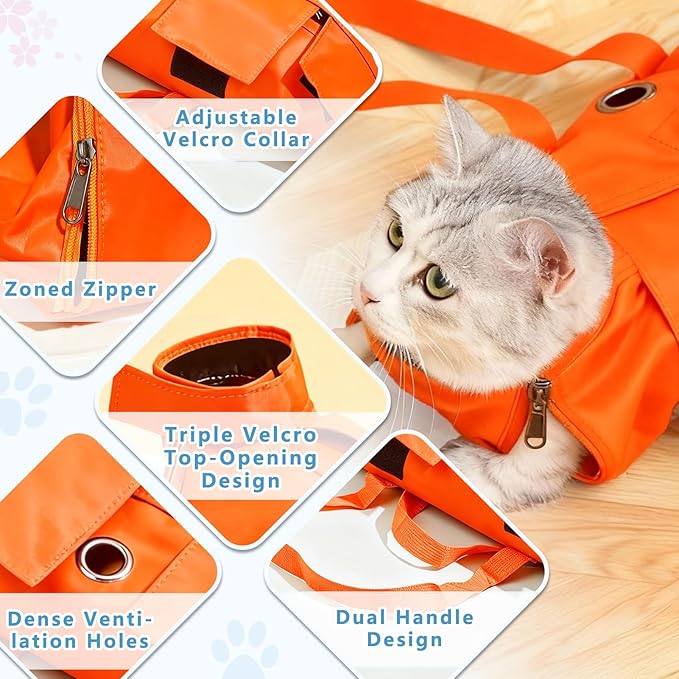 Waterproof Cat Grooming Restraint Bag - Anti-Scratching for Claw Care & Nail Trimming, Ideal for Cat Medical Examination (Orange, S)