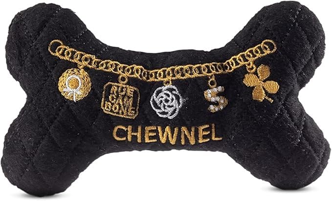 Dog Diggin Designs Chewnel “LBD” Plush Dog Toy Bone | Luxury-Inspired Parody Designer Bone with Squeaker, Soft Plush Chew & Play Dog Toy – Prêt-à-Porter Play