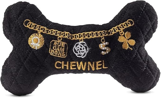 Dog Diggin Designs Chewnel “LBD” Plush Dog Toy Bone | Luxury-Inspired Parody Designer Bone with Squeaker, Soft Plush Chew & Play Dog Toy – Prêt-à-Porter Play