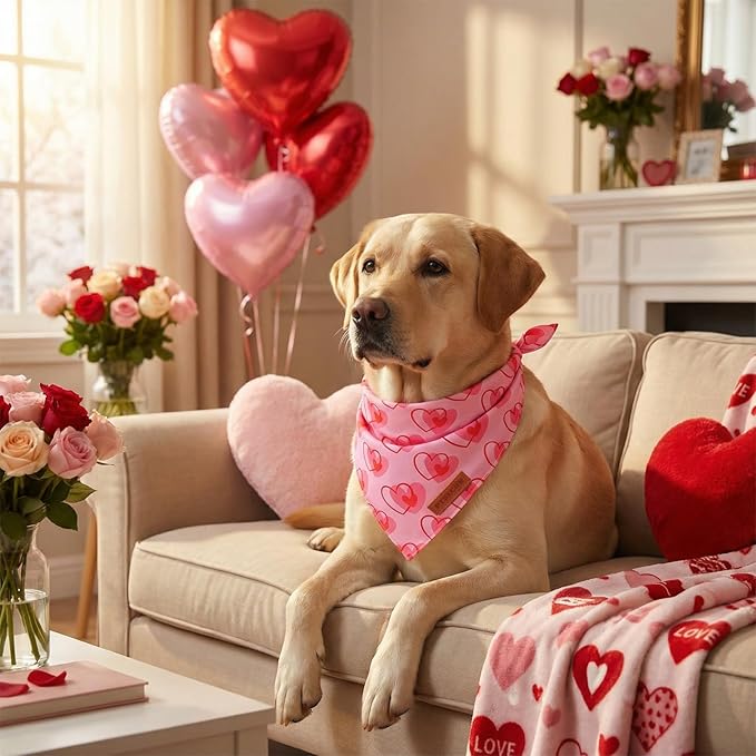 PTDECOR Valentine Dog Bandana, Reversible Heart Print Valentine Pet Scarf, Premium Durable Fabric, Pink Bandanas for Extra Large Dogs (X-Large)