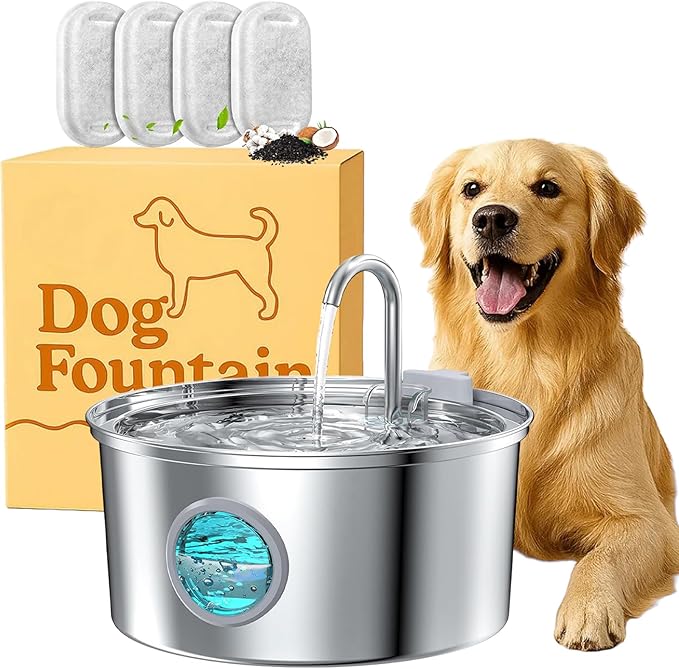 Dog Water Fountain, 4L/7L The Doggy Fountain, Stainless Steel Dog Water Fountain, Whisper Quiet & Easy to Clean & Multi-Filtration (Type B + 2 Filters, 3.2L/112oz)