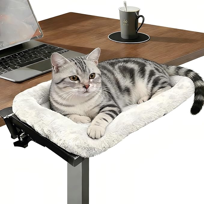 Cat Hammock for Desk Side - Foldable Office & Gaming Perch, Soft Faux Rabbit Fur Calming Bed, Heavy Duty Metal Frame Holds 33 lbs, Prevents Keyboard Sitting