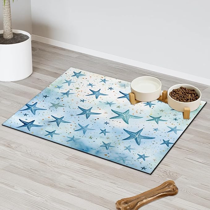 Ocean Starfish Dog Food Mat for Floors Absorbent Dog Bowl Mat for Food and Water Dispenser Quick Dry Cat Food Placemat Pet Supplies 12" x 20", Nautical Coastal