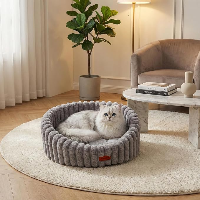 Avont Fluffy Cat Bed for Cats & Small Dogs, Cozy Plush Sleeping Nest for All Sleep Styles, Washable Removable Cushion & Anti-Slip Base, Calming Round Bed for Kittens &Puppy – Grey(M)