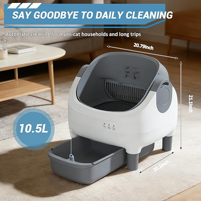 Self Cleaning Cat Litter Box with APP Control, Open-Top Automatic Litter Box for Multiple & Large Cats, 10.5L Sealed Waste Bin, Safety Sensors, Ultra-Quiet, Odor-Free, 2.4G WiFi