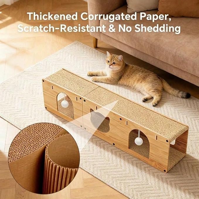 Multi-Function Cat Scratcher House Box,3-in-1 Scratch Pad and Soft Bed & Play Cave with Toys, Durable Build & Ideal for Cats/Kitty (Yellow,FX-MSD)