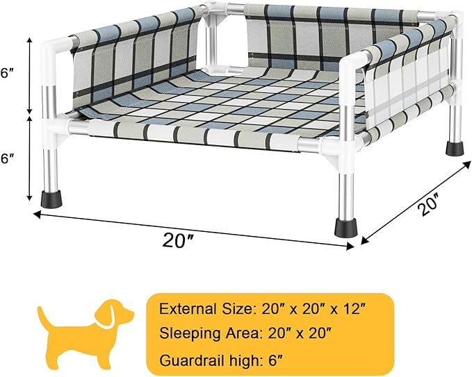 Elevated Raised Outdoor Dog Bed - Cooling Washable Dog Cot with Guardrail, Durable & Breathable Cotton Mesh Pet Hammock Beds with Stainless Steel Pipe Frame for Small Pets (20'' x 20'' x 12'')