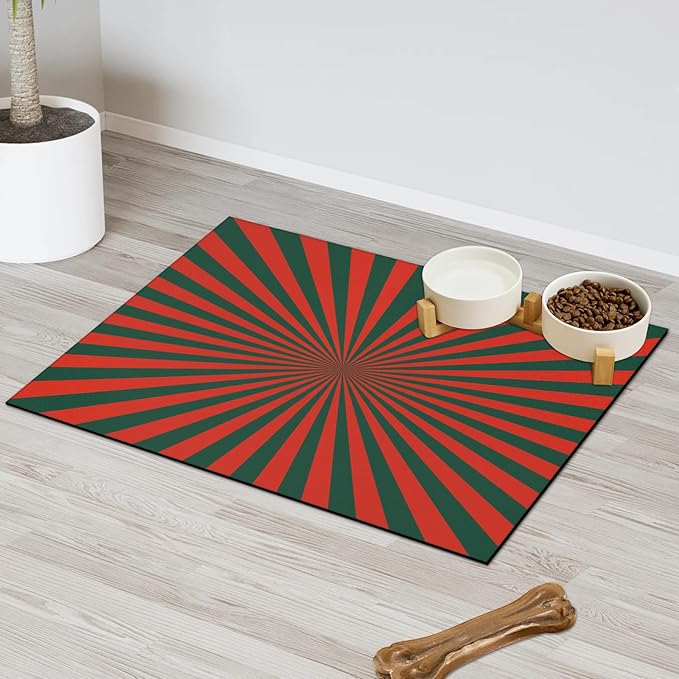 Striped Dog Food Mat for Floors Absorbent, Quick Dry Water Dispenser Mat for Food, Water, Pet Supplies 24" x 32", Red Green