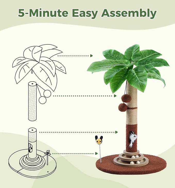 Made4Pets 27" Tall Cat Scratching Post with Sisal Rope, Interactive Hanging Balls, Toy Mouse and Two-Layer Ball Track Kitten Toys, Palm Tree Cat Scratcher Tower for Indoor Cats and Kittens
