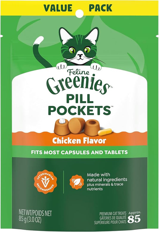 Greenies Feline Pill Pockets for Cats Natural Soft Cat Treats, Chicken Flavor, 3 oz. Pouch (85 Treats)