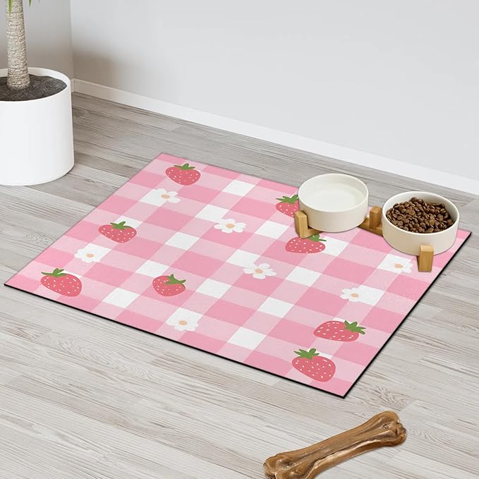 Strawberry Floral Dog Food Mat for Floors Absorbent Dog Bowl Mat for Food and Water Dispenser Quick Dry Cat Food Placemat Pet Supplies 24" x 32", Pink Plaid