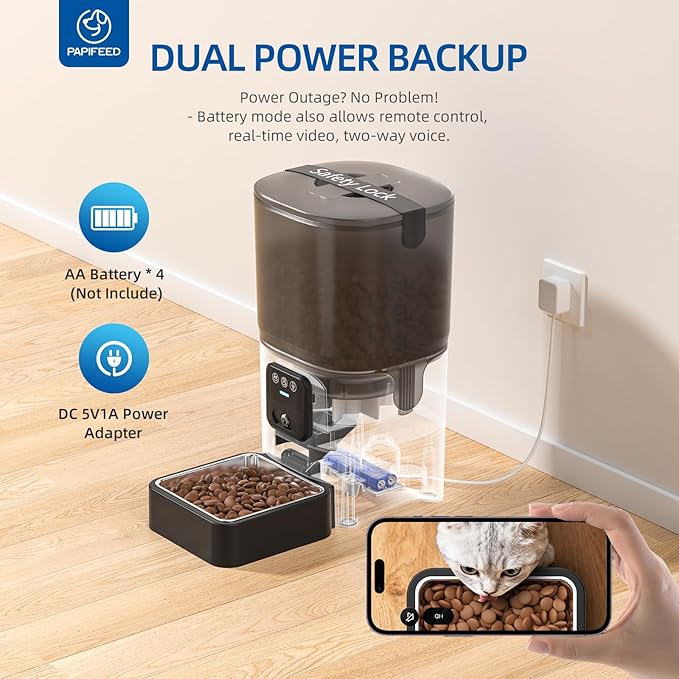 PAPIFEED Automatic Cat Feeder with 720p HD Camera & Night Vision, Two-Way Audio, 6L Smart Feeder with App Control via 2.4G WiFi, Easy Clean Detachable, Schedule 1-10 Meals/Day for Cats & Dogs - Black