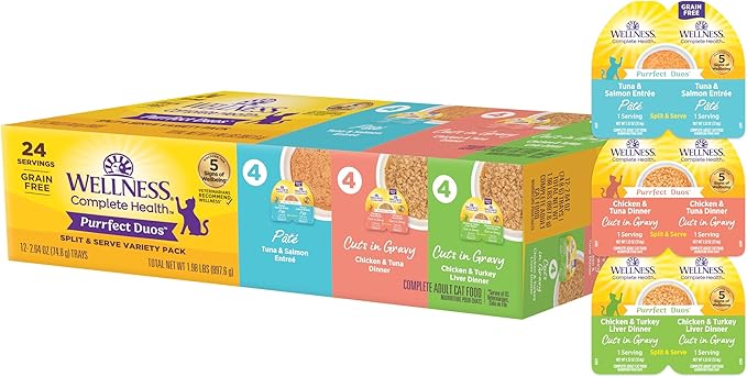 Wellness Complete Health Purrfect Duos, Adult Wet Cat Food, Natural, Protein-Rich, Grain-Free, 2.64 Ounce, 12 Pack, (Pate & Gravy Variety Pack)