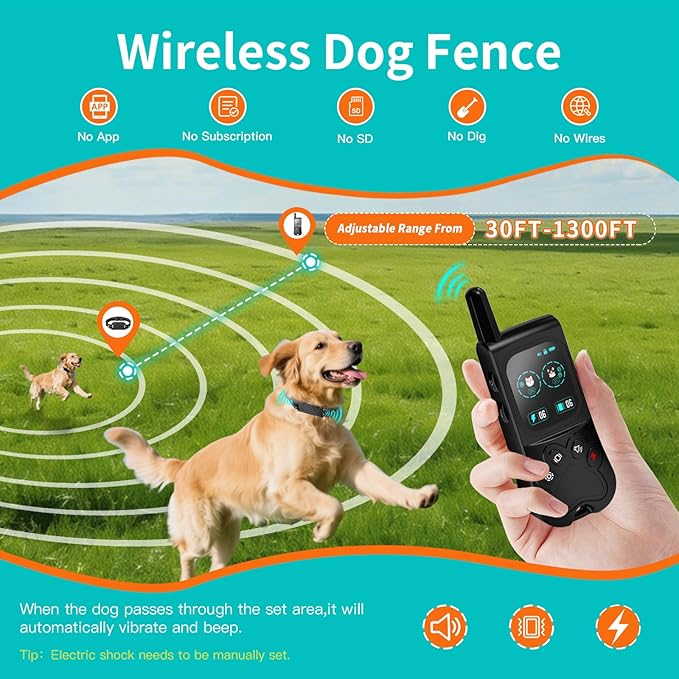 Wireless Dog Fence, Electric Dog Fence with 3 Warning Modes, Waterproof Portable Perimeter Dog Collar, Portable Training Control 1300FT Range, Outdoor Safe Pet Containment System Black