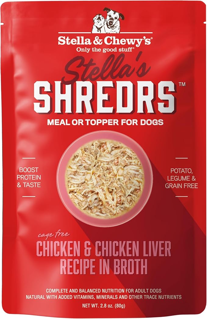 Stella & Chewy's Cage Free Chicken & Chicken Liver Shredrs - Premium Dog Food Pouches - Perfect for Picky Eaters - 12 Pack, 2.8oz Each