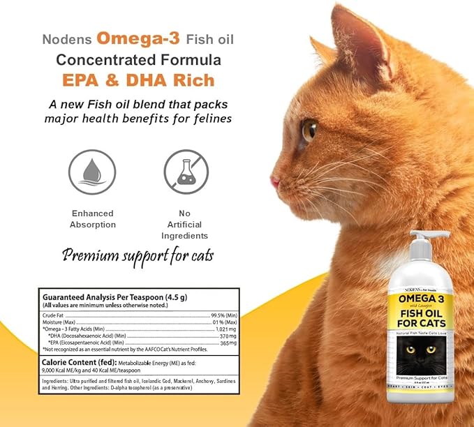 Nodens Natural Fish Oil for Cats Skin & Coat - 100% Pure Omega 3 Fish Oil for Dandruff & Hairballs - Cat Vitamins and Supplements Fish Oil Liquid for Joint Inflammation, Immune Support & Digestion