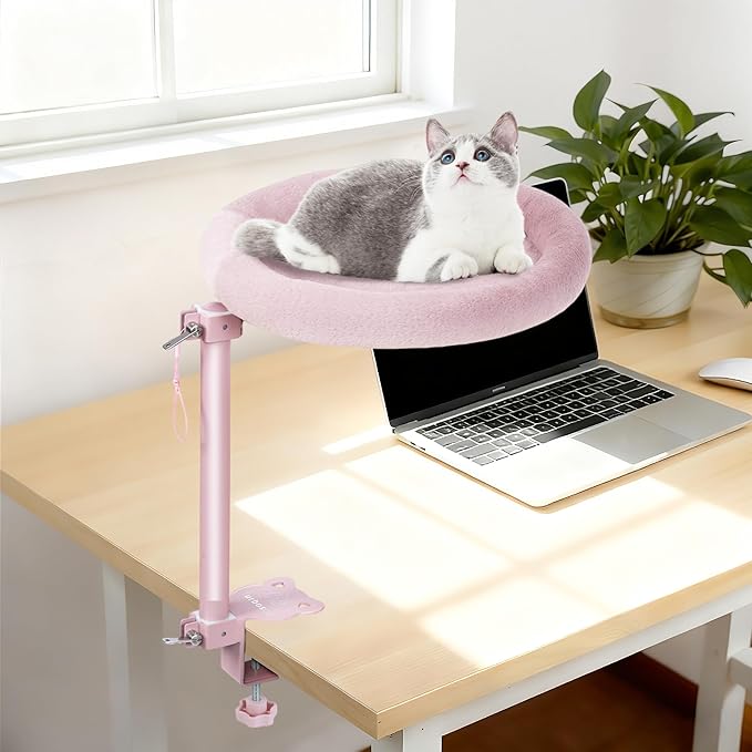 Cat Desk Bed,Steel Cat Bed for Desk,Up and Down Available,360° Rotating, Shelf Height Adjustable, Desktop Attachment Cats Nest Perch Hammock for Office Game Tables, Supports 40lb (Pink)