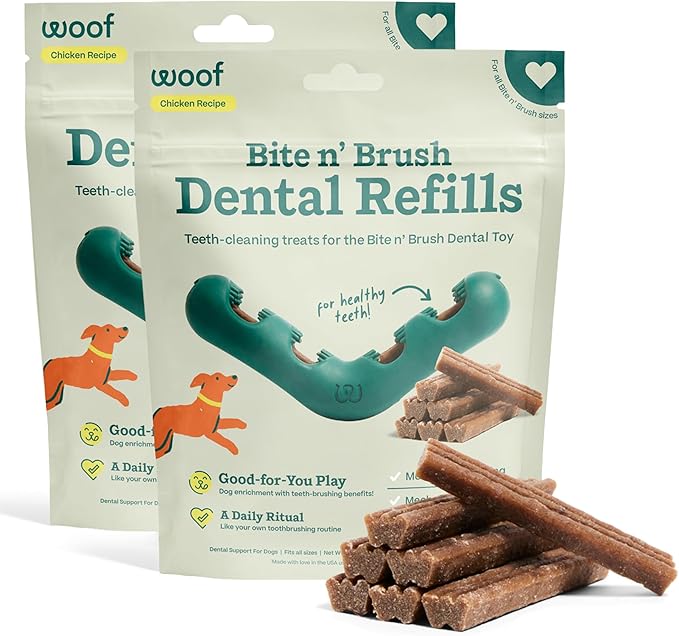 WOOF - Bite n' Brush Refills for The Dog Toothbrush Toy - Scrub Plaque and Tartar from Your Dog's Teeth and Mouth - Dog Dental Chew Toy Treats - Approximately 16 Refills - Chicken - 2 Pack