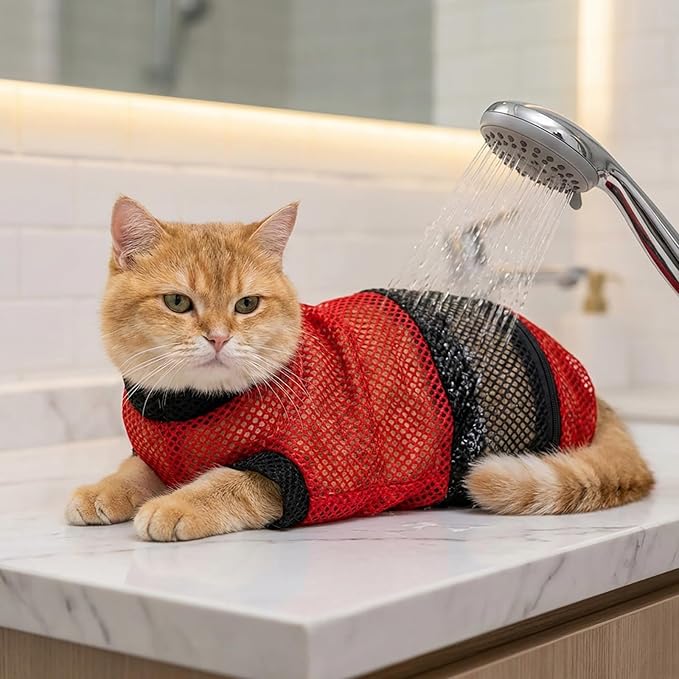 Cat Bathing Bag, Adjustable Mesh Grooming Restraint Bag for Cats, Red and Black, Stress-Free Pet Washing and Nail Trimming (Black)