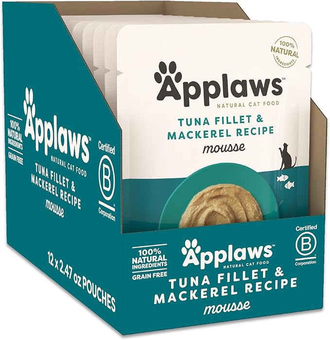 Applaws Natural Wet Cat Food in Mousse, Limited and Natural Ingredients, Grain-Free, High Protein with No Artificial Additives, Tuna Fillet & Mackerel (12 x 2.47oz Pouches)