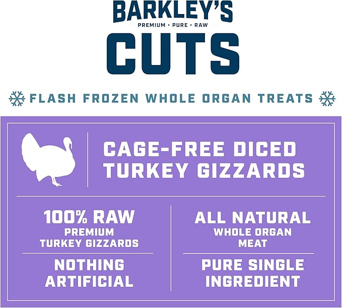 Barkley’s Cuts, Frozen Raw Diced Turkey Gizzards Dog Treats, Single Ingredient, Flash Frozen, High Protein Training Treats and Food Toppers for Puppies and Dogs, Human Grade Ingredients, 16 Oz Bag