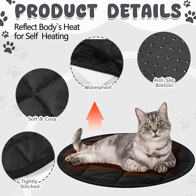 2 Pcs Self Warming Cat Mat Round Self Heating Pad Bed Reversible Machine Washable Heated Bed Anti Slip Warming Pad Pet Mat for Cat Crate Indoor Outdoor(Black,16 Inch)
