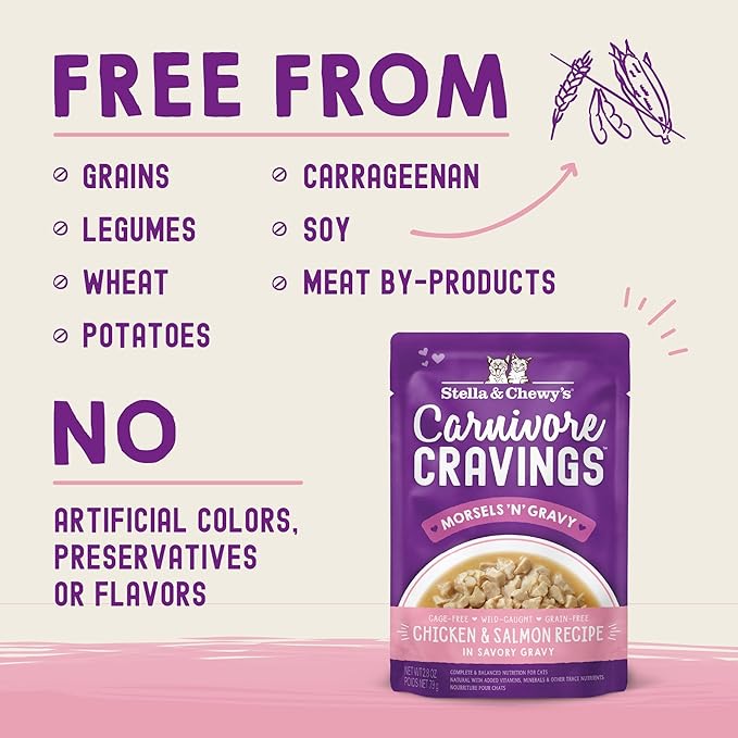 Stella & Chewy's Carnivore Cravings Wet Cat Food Pouches - Premium Chicken & Salmon Recipe - Grain-Free Morsels & Gravy - Perfect for Picky Eaters - Complete Meal or Topper - 2.8oz, 24-Pack