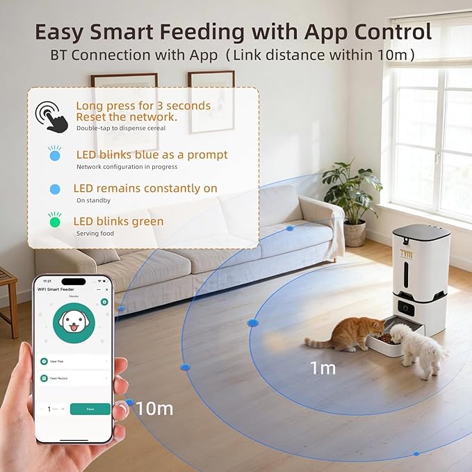 TYM Automatic Cat Feeder 7L Time Cat Feeder for Dry Food APP Control Pet Food Dispenser Programmable Portion Size Auto Feeder for Cats and Dogs with Stainless Bowl Large Capacity(WiFi is Not Required)