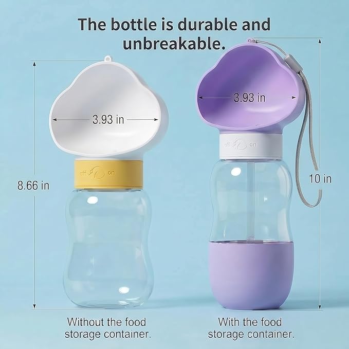 Dog Water Bottle Portable, Built-in Bowl and Dispenser for Dogs, Leak-Proof Bottles for Travel Accessories, Ideal Small Pet Supplies for Puppy Things (Purple, 11oz No Food Container)