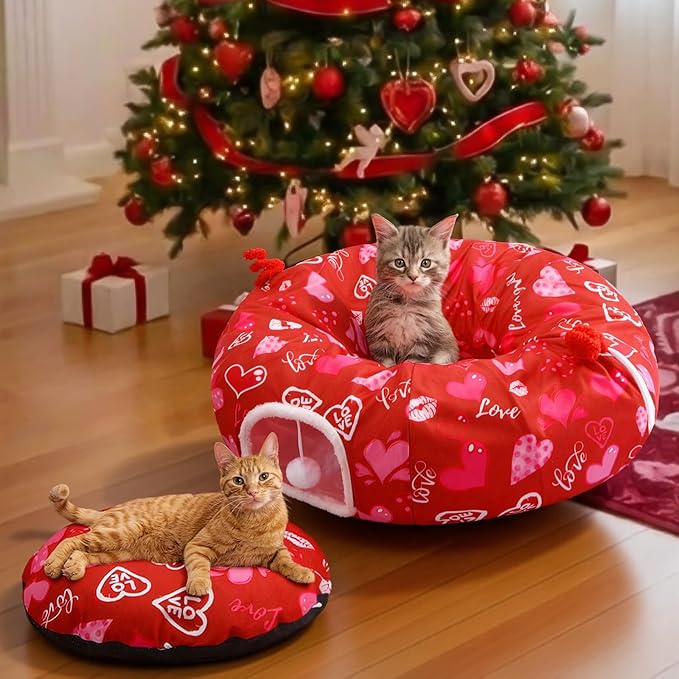 Valentines Day Cat Beds for Indoor Cute Red Love Heart Valentine Cat House Donut Tunnel Toys with Washable Circle Cushion, Round Pet Peekaboo Cave Toy for Kitten/Puppy/Rabbit