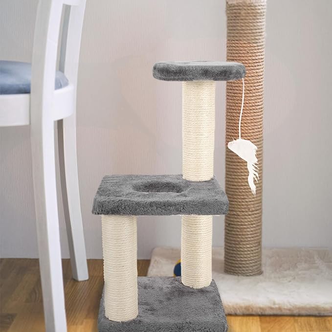 BESTonZON Multi-Layer Sisal Cat Scratcher with Mouse Three-Tier Sturdy Kitten Climbing Tower Gray Cat Scratch Post for Indoor and Daily Use
